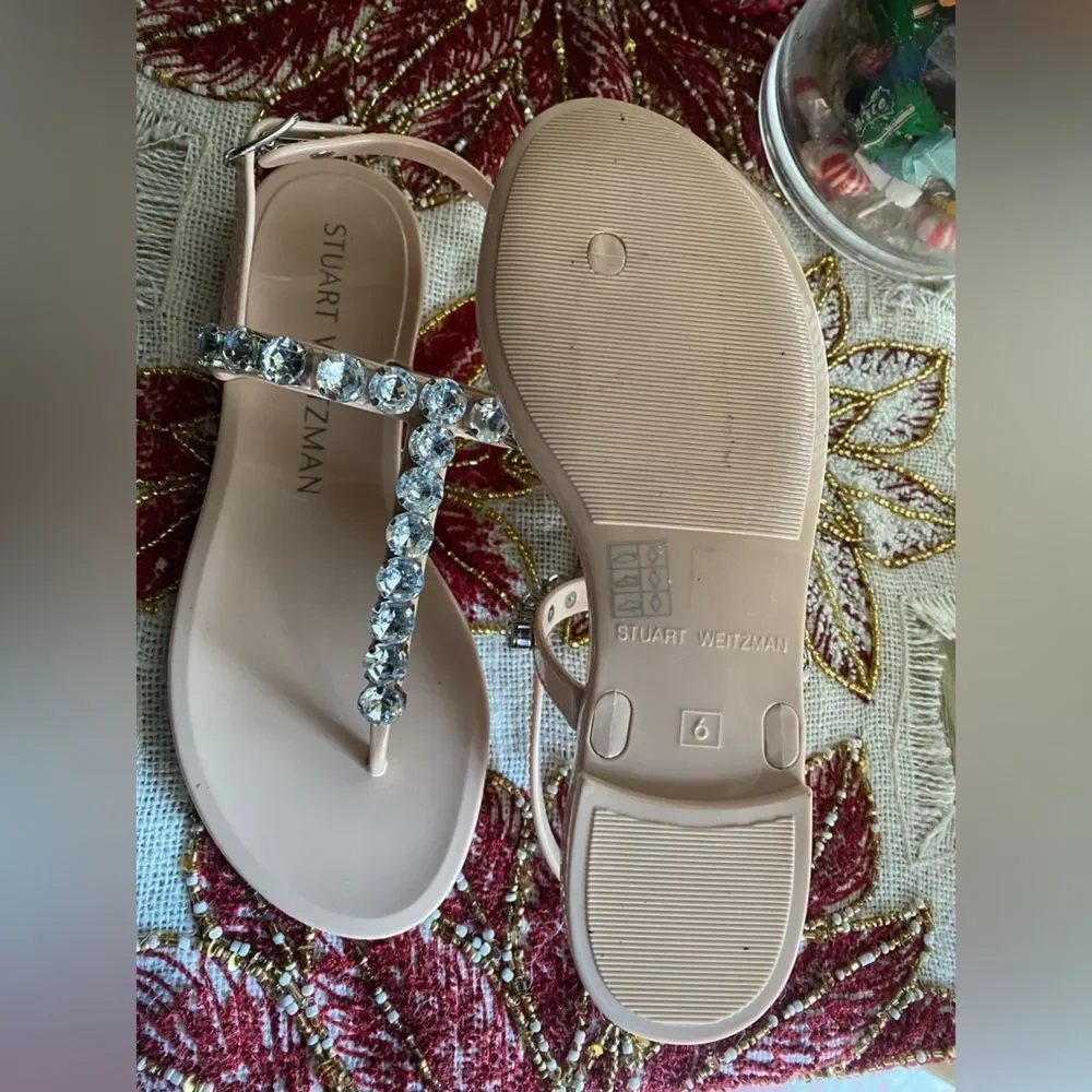 Stuart Weitzman Womens Goldie Jelly T-Strap Sandals Beige Slingback Beaded Sz 6